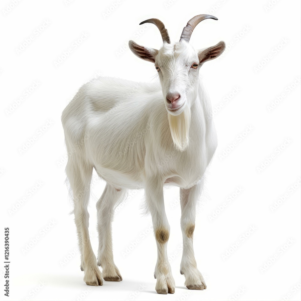 White goat with horns is standing and looking forward on a white background White goat with horns is standing and looking forward on a white background