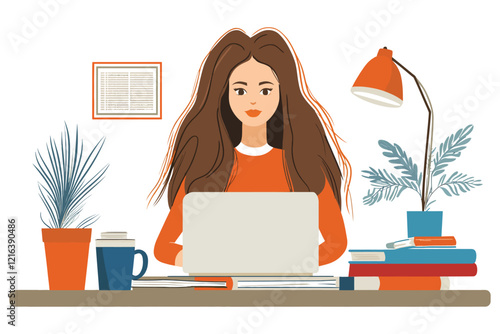 Woman at Desk Using Laptop with Books, Coffee, and Green Plant