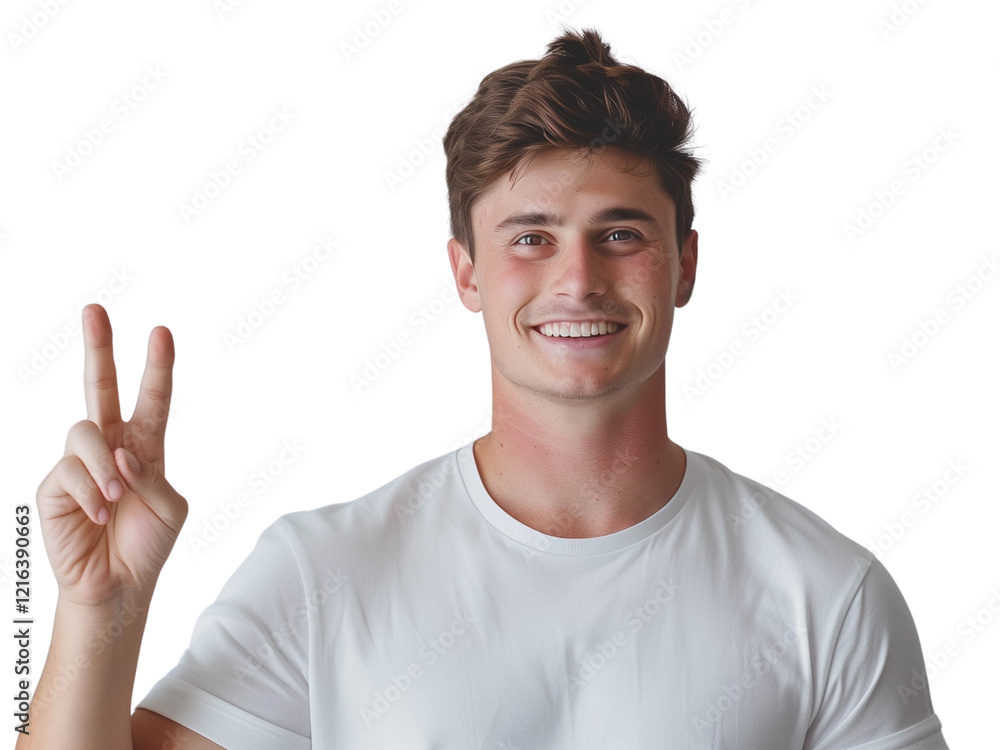 Cheerful young man in white t-shirt smiling and making a peace sign gesture Cheerful young man in white t-shirt smiling and making a peace sign gesture