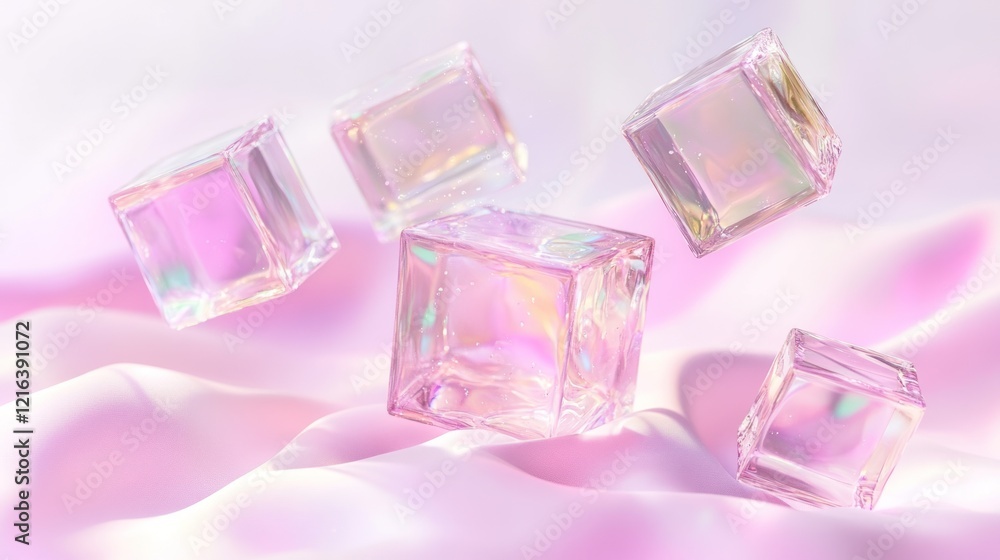 Pink Iridescent Cubes Floating Soft Pink Fabric Background Pink Iridescent Cubes Floating Soft Pink Fabric Background