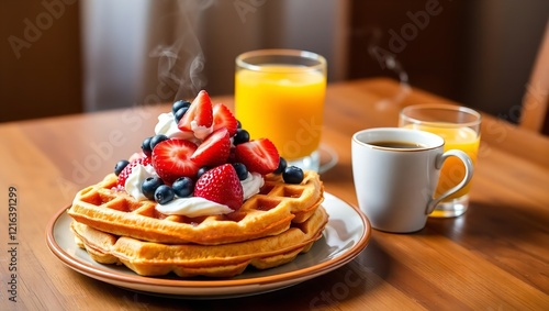 A Vibrant and Inviting Still Life Image of a Delicious Fruit Bowl with Tea and Juice photo