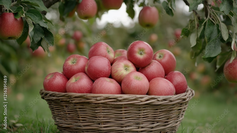 Ripe red apples in basket, orchard harvest Ripe red apples in basket, orchard harvest