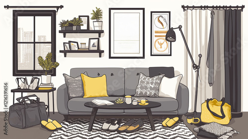 Wallpaper Mural Modern living room with cozy decor, neutral tones, and creative styling. Torontodigital.ca