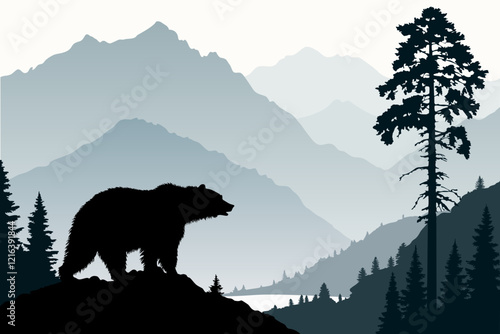 Black Bear Silhouette Against Majestic Mountains in a Serene Landscape