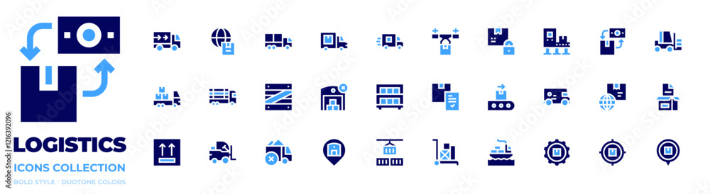 Logistics icon collection. Bold style. Duotone colors. box, conveyor, truck, delivery, transport, shipment, fulfillment, no stock, shelf, wooden box, drone delivery, lock Logistics icon collection. Bold style. Duotone colors. box, conveyor, truck, delivery, transport, shipment, fulfillment, no stock, shelf, wooden box, drone delivery, lock
