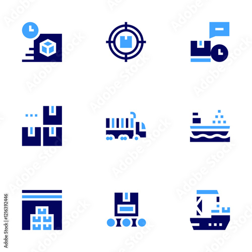 Logistics icon set. Bold style. Duotone colors. fast delivery, target, delivery, store, conveyor belt, inventory, truck, cargo ship