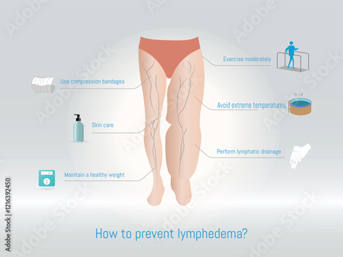 Educational infographic detailing strategies to prevent lymphedema, such as skin care, lymphatic drainage, moderate exercise, use of compression bandages, and maintaining a healthy weight.