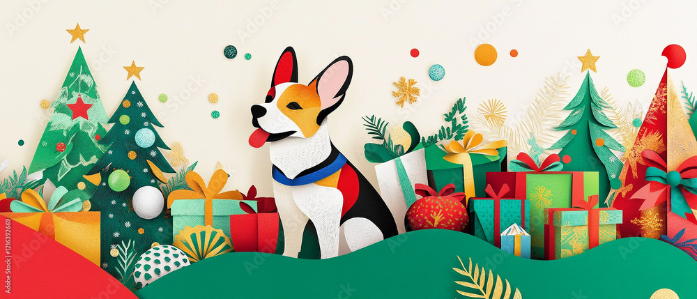 Fototapeta premium Charming Cardigan Welsh Corgi Dog Surrounded by Festive Christmas Papercut Decorations Perfect for Holiday Cheer and Seasonal Joy Capturing the Spirit of the Season with a Playful Pup