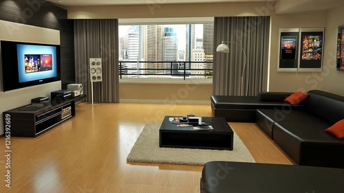 Wallpaper Mural Modern living room with large windows showcasing city skyline and comfortable furniture in a stylish urban apartment Torontodigital.ca