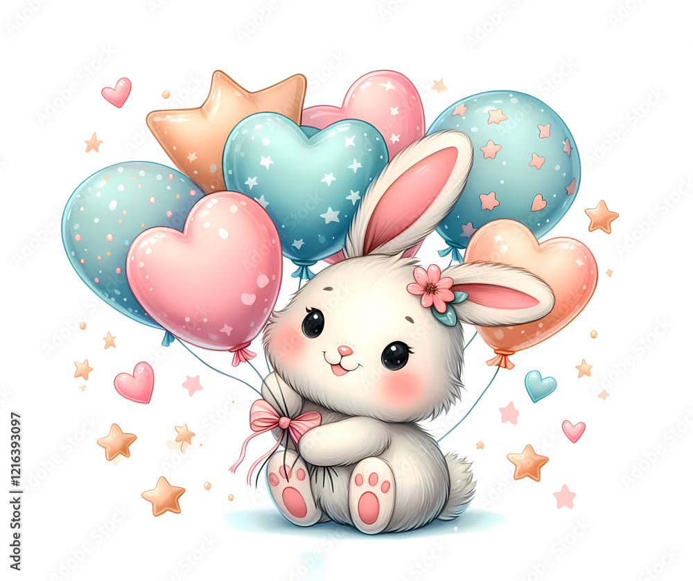 Cute rabbit holding colorful balloons with hearts and stars against a bright background Cute rabbit holding colorful balloons with hearts and stars against a bright background