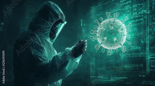 Man silhouette in a protective suit examines the virus in the laboratory