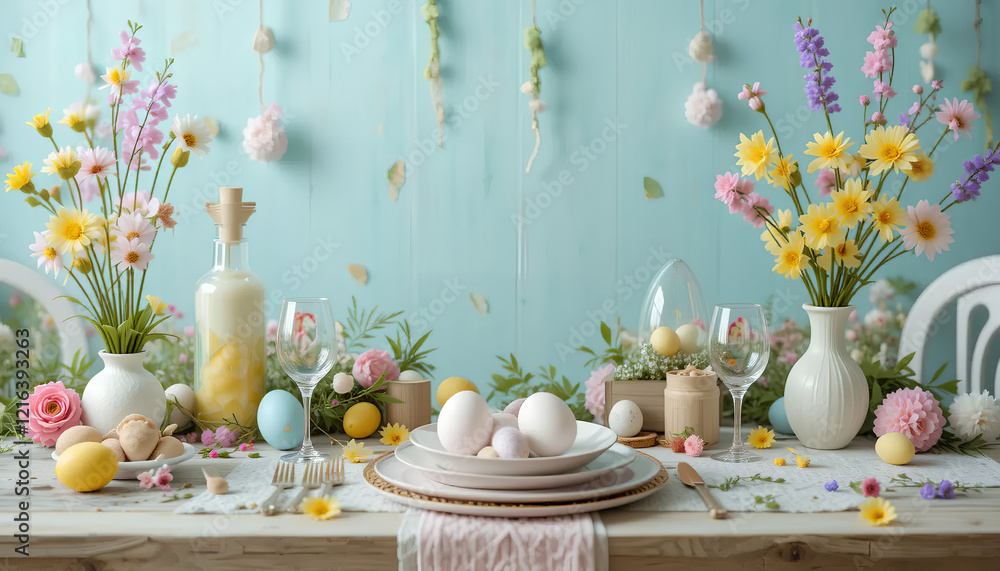 Pastel Easter Table Setting with Floral Centerpieces and Decorated Eggs Pastel Easter Table Setting with Floral Centerpieces and Decorated Eggs