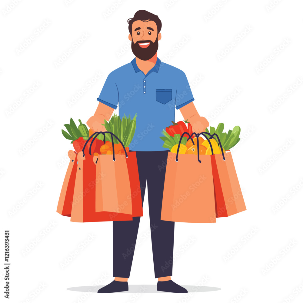 Happy Man Holding Paper Grocery Bags Filled with Fresh Fruits and Vegetables Happy Man Holding Paper Grocery Bags Filled with Fresh Fruits and Vegetables
