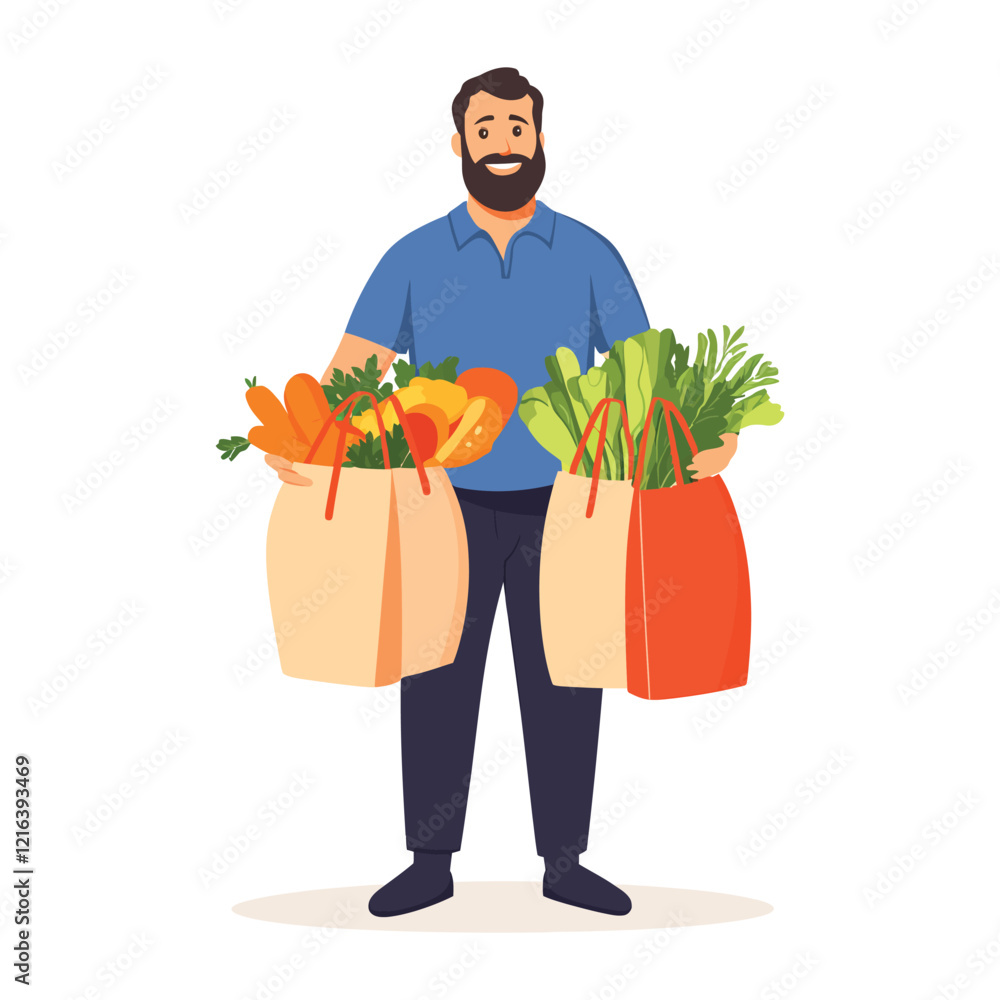 Smiling Man with Reusable Grocery Bags Full of Fresh Produce Smiling Man with Reusable Grocery Bags Full of Fresh Produce
