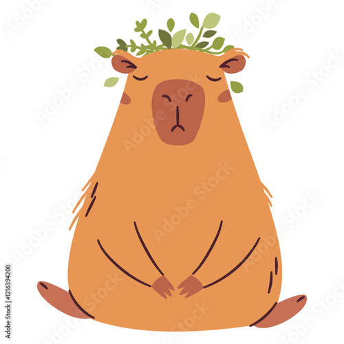 Flat vector illustration in a simple children's style. Cute capybara sitting in a relaxed pose with a wreath on his head, yoga and meditation . Vector illustration
