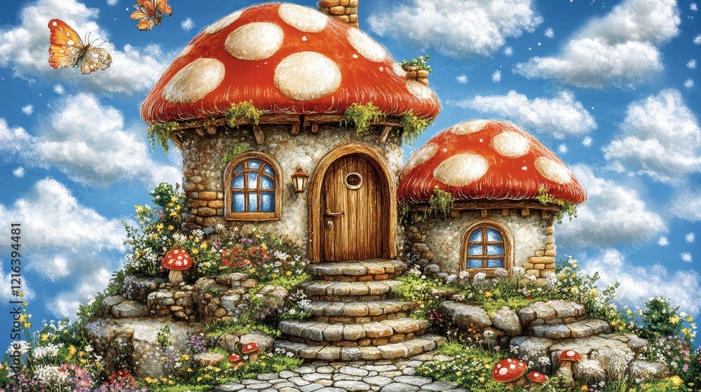 Obraz premium Enchanting Mushroom House in a Whimsical Cloud-Filled Sky