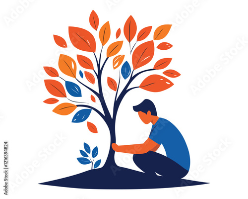 Individual planting a seedling beneath a tree with colorful leaves for reforestation