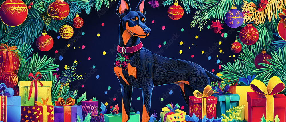 Obraz premium Festive Doberman Pinscher Dog Surrounded by Christmas Papercut Decorations Capturing the Joy and Spirit of the Holiday Season with a Playful Canine Companion