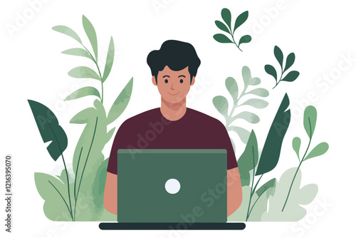 Individual using a laptop in a green workspace with plants for a serene environment