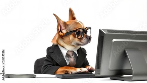 A Chihuahua dog in a suit and glasses is using a laptop and isolated on white background