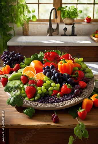 brightly colored plate filled array fresh vibrant fruits vegetables showcasing bounty stunning presentation, avocado, banana, beet, berry, blackcurrant photo