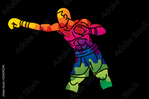 A Man Boxing Kickboxing Muay Thai Boxer Punching Action Cartoon Sport Graphic Vector
