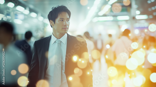 Businessman with refreshing fragrance in subway, glowing scent trails, busy station, Generative AI photo