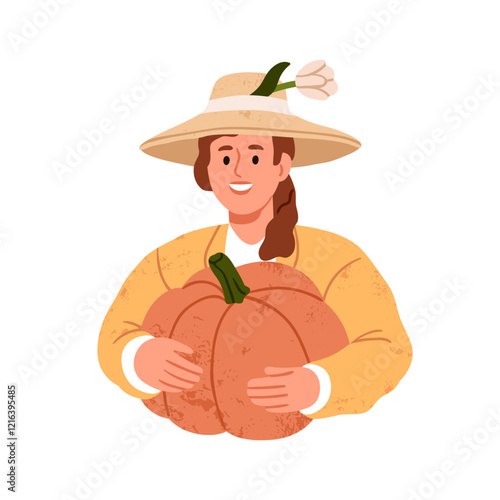 Female farmer holding pumpkin. Happy woman, farm worker in hat with large veg...
