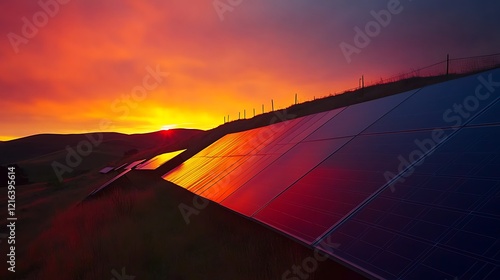 Solar panels on tha hillside with sunset view photo