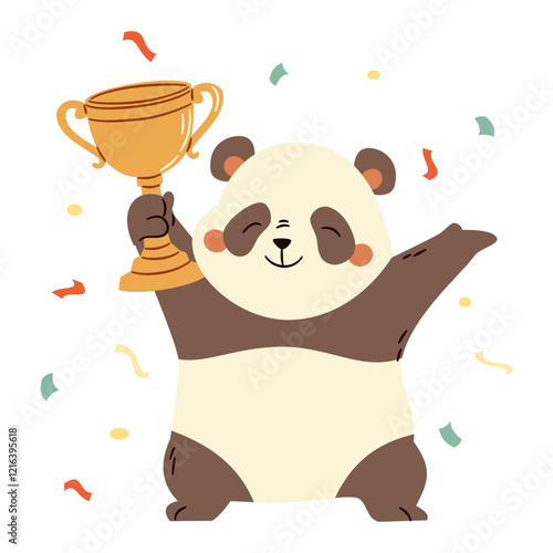 Flat vector illustration in a simple children's style. Cute panda is happy to win, first place and winner's cup. Vector illustration