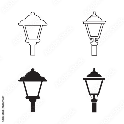 Vintage street light posts set, old street lamp posts, sidewalk lantern, vector silhouette and outline design