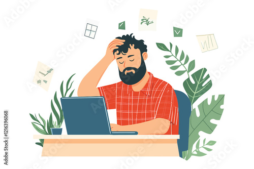 Tired man facing work stress while using a laptop in a plant-decorated setup