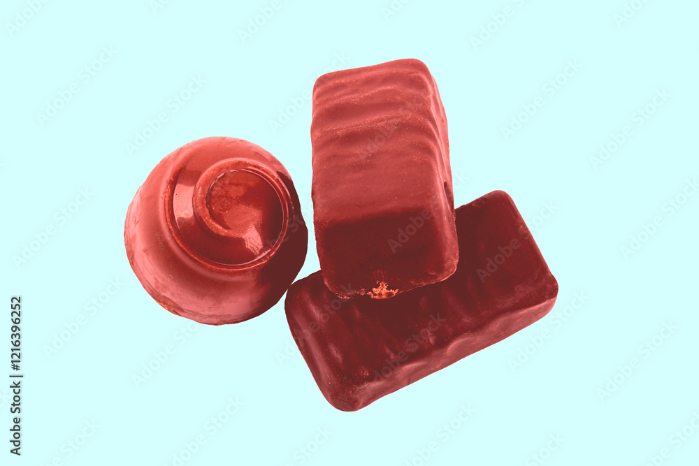 chocolate with filling inside. there are three of them. one candy is round. close-up. there are three of them.