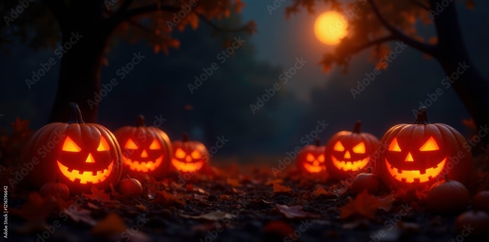 autumn landscape with glowing jack o lanterns, orange glow, black backdrop, eerie atmosphere autumn landscape with glowing jack o lanterns, orange glow, black backdrop, eerie atmosphere