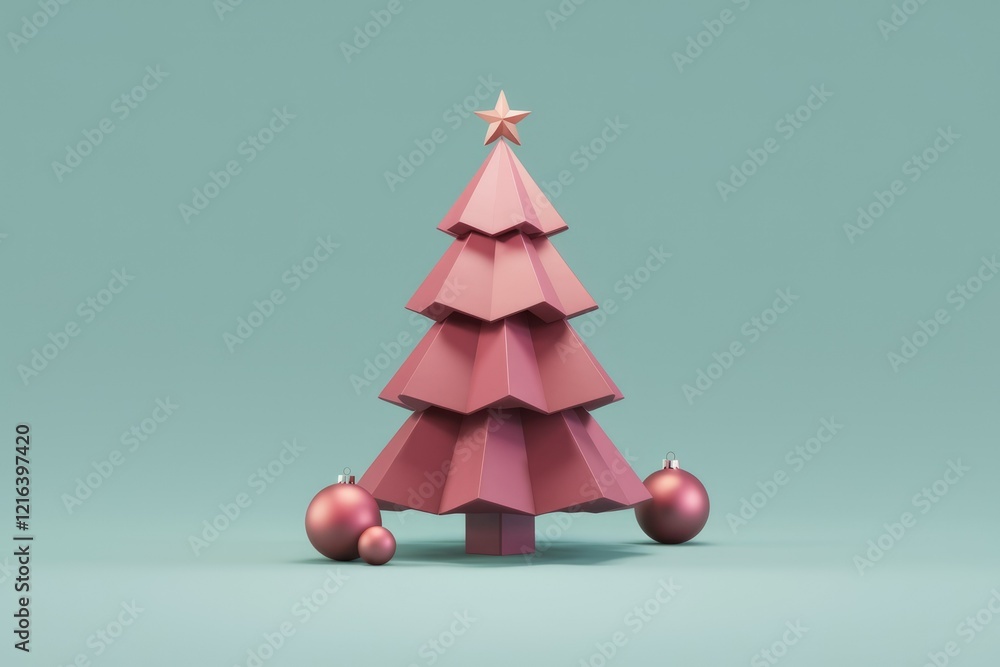 Geometric pink Christmas tree with star and ornaments on a teal background. Geometric pink Christmas tree with star and ornaments on a teal background.