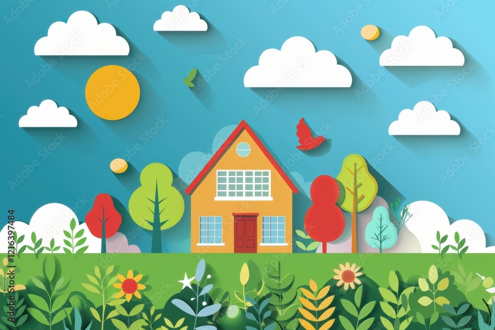 Charming Paper Cut Landscape with a House Charming Paper Cut Landscape with a House