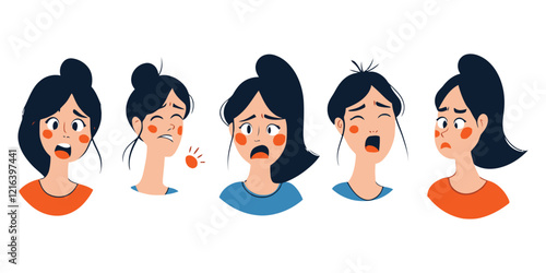 Cartoon woman displaying fear, anxiety, and distress in five distinct emotional states.