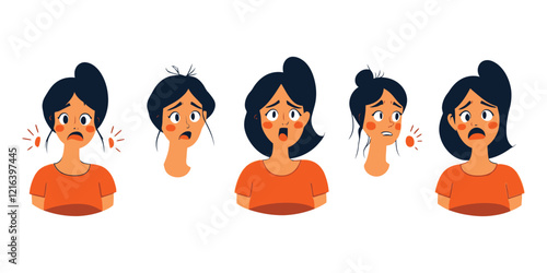 Illustration showing five different emotional expressions of a woman in orange top.