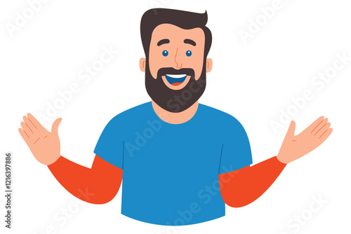 Smiling bearded man in blue shirt with open arms in a cheerful illustration.