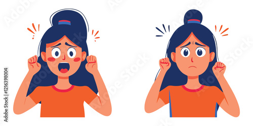 Artistic depiction of a woman showing different emotional reactions in a cartoon style.