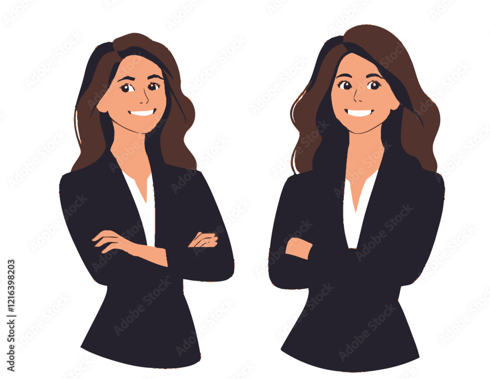 Illustration of a smiling woman in formal blue jacket and vibrant orange attire. Illustration of a smiling woman in formal blue jacket and vibrant orange attire.