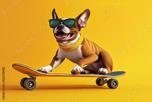 This adorable dog showcases its skateboarding skills for a lighthearted capture. photo