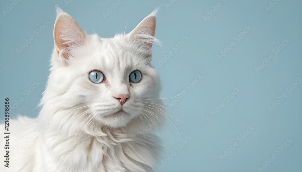 Adorable White Cat with Long Fur and Light Pink Ears on a Solid Light Blue Background Adorable White Cat with Long Fur and Light Pink Ears on a Solid Light Blue Background