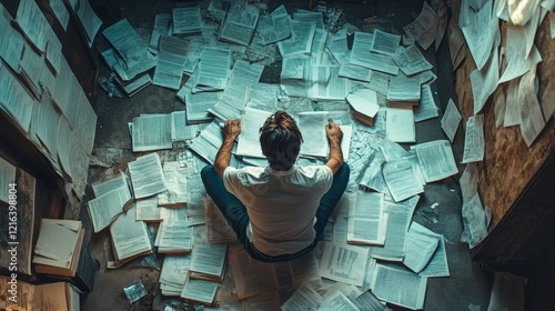 Individual immersed in study amid scattered papers, symbolizing academic pursuit.