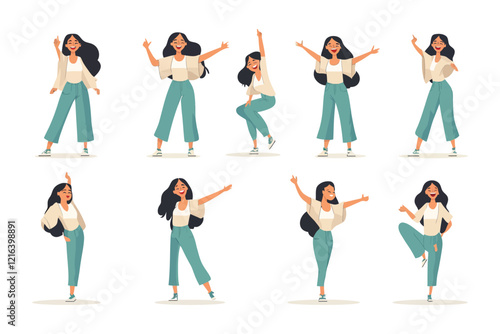 Illustration of a happy woman in teal and beige performing lively dance movements.