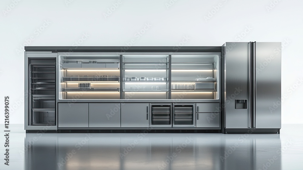 Open refrigerator interior with empty shelves, glass compartments, and side storage, isolated on 