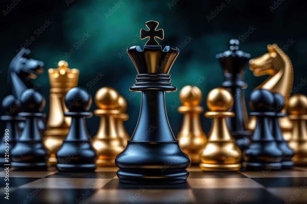 A captivating scene of the black king's victory surrounded by striking black gold chess pieces. A captivating scene of the black king's victory surrounded by striking black gold chess pieces.