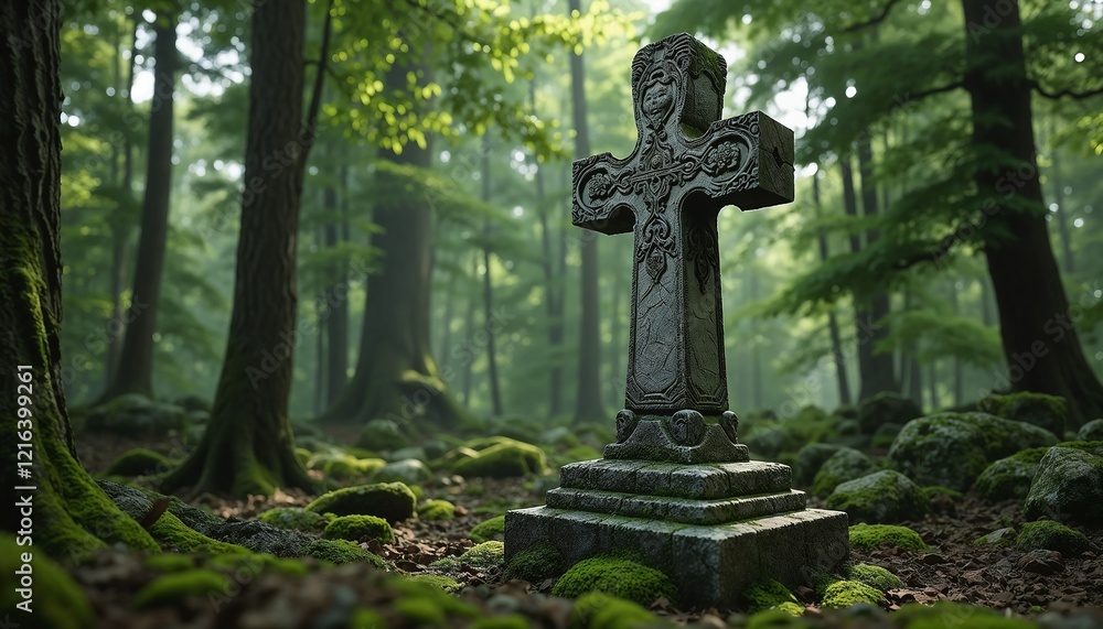 Ancient stone cross tombstone with cracks in forest clearing Ancient stone cross tombstone with cracks in forest clearing