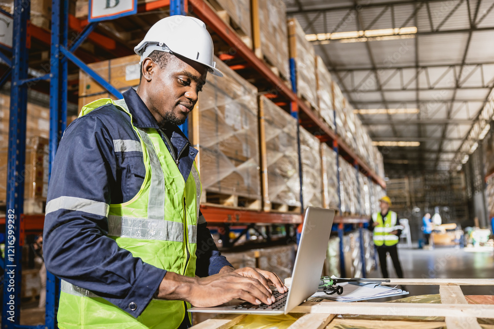 african black professional warehouse worker. stock inventory staff using computer check stock online