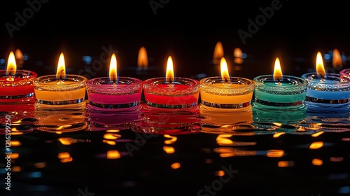 A row of small oil lamps with flickering flames, placed on a reflective surface. photo